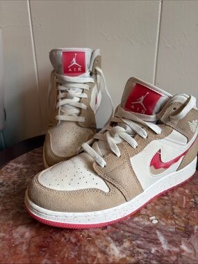 Nike Air Jordan 1 Mid Tan & Red drip Accent Sneakers